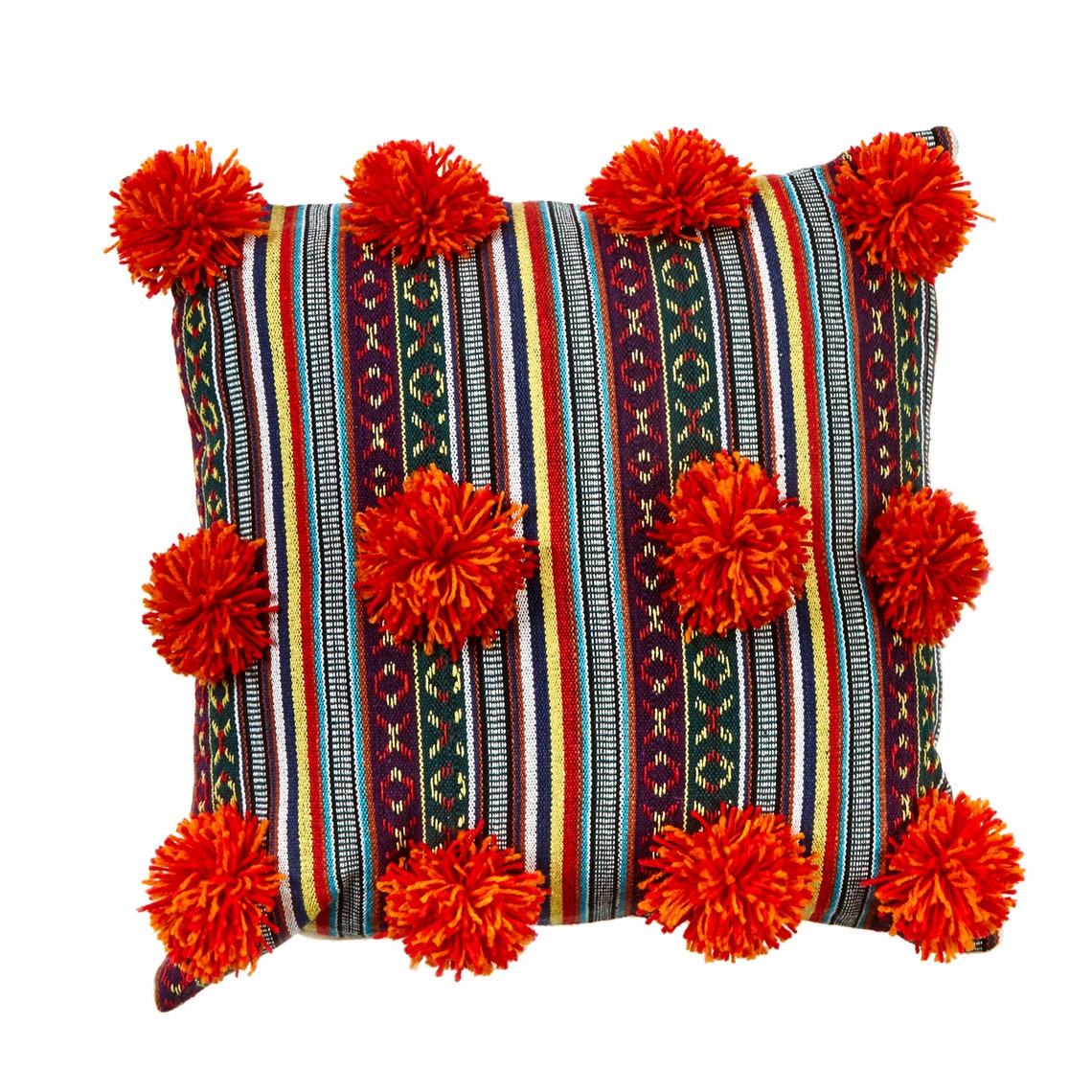 Pom Pom Rustic Stripe Throw Pillow Cover Orange Etsy