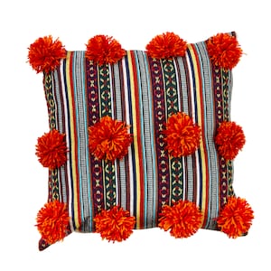 Boho Throw Pillow Cover 18x18 - Colorful Pom Pom Cushion Cover - Decorative Pillow Case for Couch, Bed, Sofa - Handmade in Nepal
