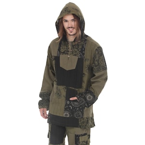 May include: A long-sleeve hooded pullover shirt featuring a patchwork design in olive green and black. The garment includes panels with floral and celestial patterns, a buttoned placket at the neckline, and a large front pocket on the torso.
