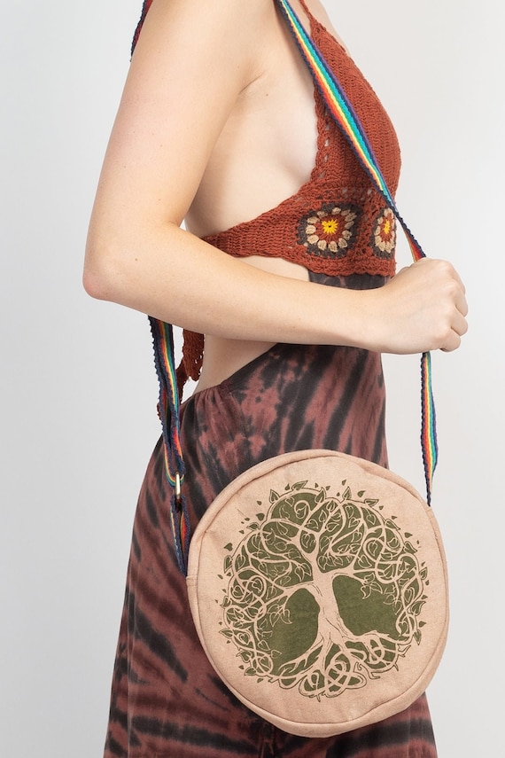 Bohemian Round Crossbody Bag | Tree of Life, Celestial & Zodiac Print | Cotton Sling Bag with Zipper | Festival Everyday Style