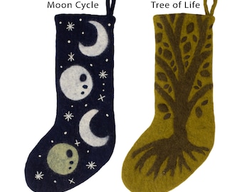 Mystical Felt Holiday Stocking | Celestial Wool Yule Decor with Tree of Life & Moon Phases – Boho Witchy Christmas Stocking