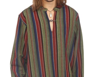 Multicolor Striped Men's Long Sleeve Kurta Bohemian Cotton Shirt