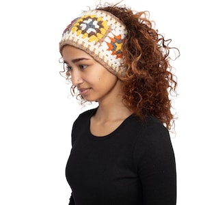 Granny Square Crochet Teddy Fleece Headband | Boho Winter Ear Warmer, Retro Festival Hair Wrap, Handmade Colorful Ear Cover