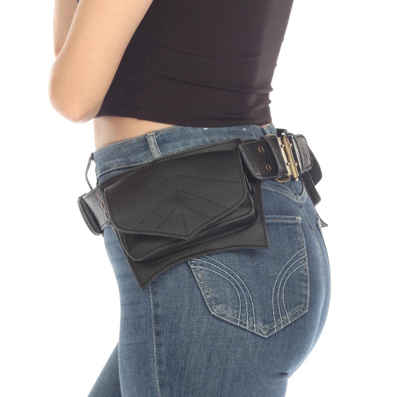 Two Pocket Leaf Leather Belt with Extenders, Boho Festival Utility Belt, Leaf Design, Adjustable Fit