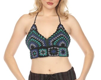 Granny Crochet Halter Top – Vintage Boho Festival Top with Colorful Granny Squares | Handmade Cotton Summer Crop Top | Made in Nepal