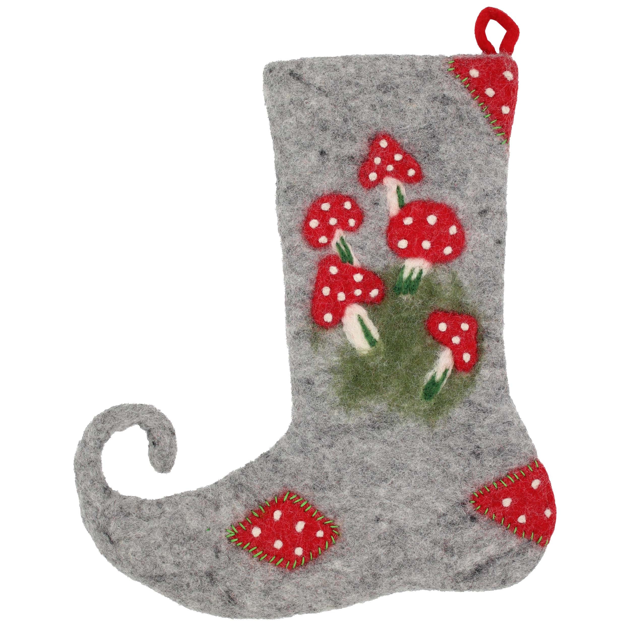 Handmade Felt Mushroom Christmas Stocking – Eco-Friendly Wool Holiday Decor, Cute Winter Gift, Boho Xmas Stocking, Made in Nepal
