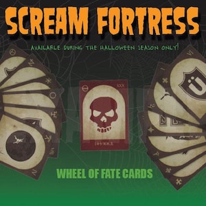 May include: A set of rectangular cards labeled SCREAM FORTRESS and WHEEL OF FATE CARDS. The cards feature beige and dark brown tones with various symbols, including a central card displaying a dark red skull icon on a beige background.