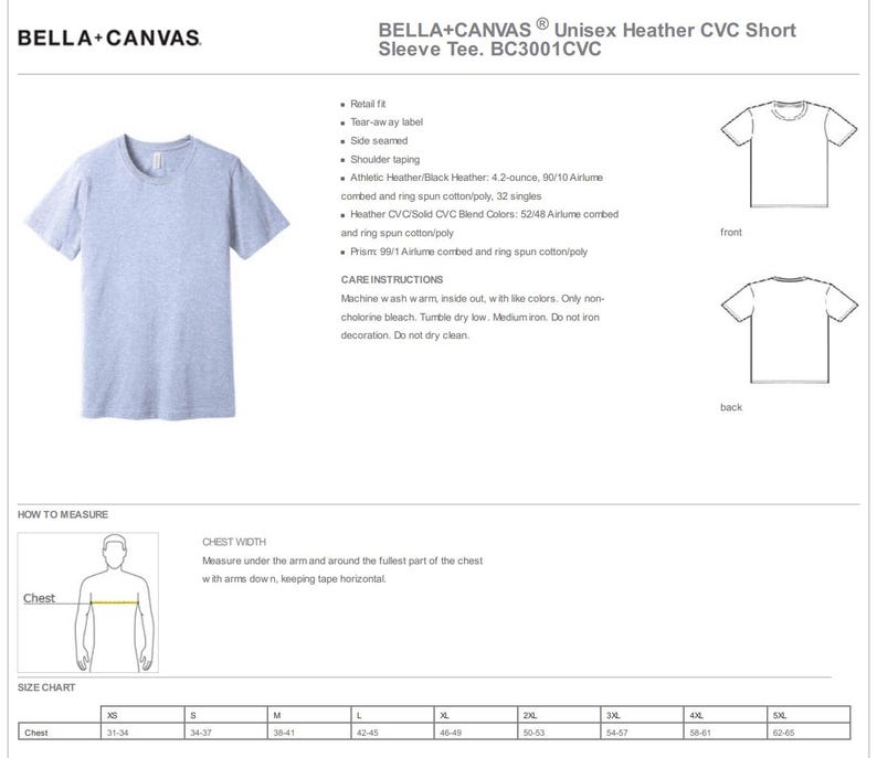 May include: A light blue heathered short sleeve t-shirt by Bella+Canvas, model BC3001CVC. The image displays the shirt, technical specifications, care instructions, front and back line drawings, and a chest measurement guide with a size chart.