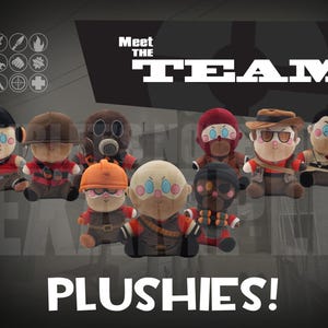 May include: A collection of nine small plush dolls featuring various character designs with round faces, colorful outfits, and accessories. The text "Meet THE TEAM" and "PLUSHIES!" is displayed in white lettering against a dark gray background.