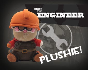 May include: A plush toy character wearing an orange hard hat, brown overalls with a belt, and red sleeves. The character has round pink cheeks and goggles on its forehead. The text Meet THE ENGINEER and PLUSHIE! appears with a wrench icon.