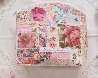 shabby chic makeup bag- pink rose - vintage quilted