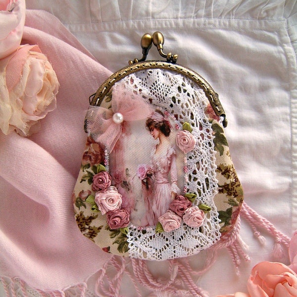 Purse, vintage roses coin purse, floral coin purse, rose wallet, vintage pink coin purse, shabby chic fabric coin purse, handmade coin purse