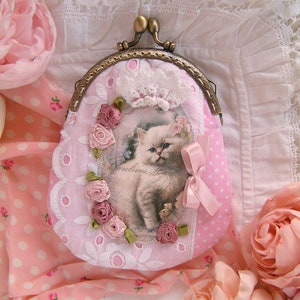 Shabby cat purse Shabby bag Shabby pink purse Shabby rose bag  Shabby pink purse Shabby vintage coin purse shabby fabric purse