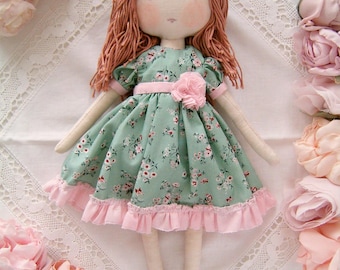 Handmade Dolls - floral dress- brown hair