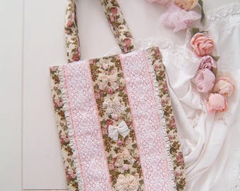 shabby chic tote bag - pink rose - vintage lace