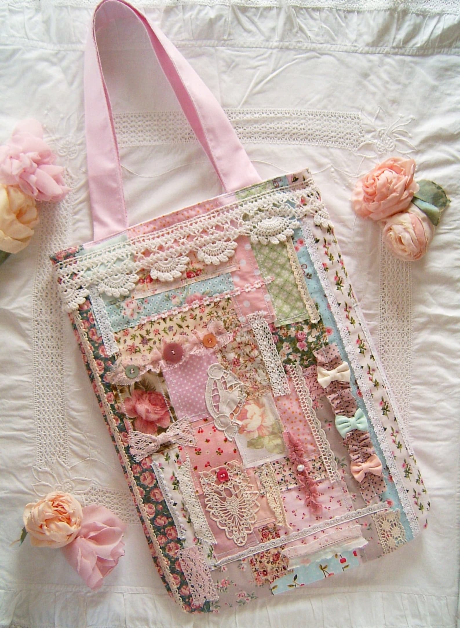 Shabby Chic Pink Quilted Tote Bag With Beautiful Lace Shabby Etsy