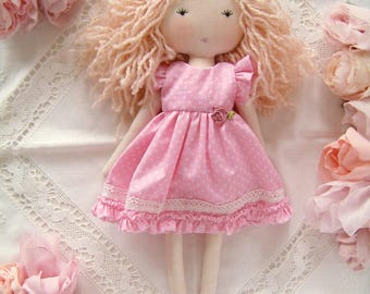 Handmade rag doll - pink dress- blonde hair