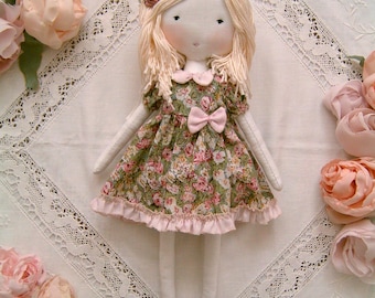 Handmade rag doll - floral dress - blonde hair