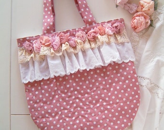 shabby chic tote bag- polka dot - vintage rose lace