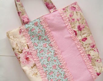 shabby chic tote bag- pink floral - pink cream