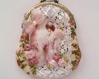 shabby chic coin purse - pink rose - romantic lace