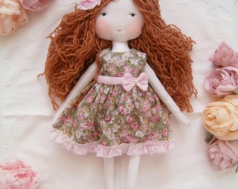 Handmade rag doll - brown hair - floral dress
