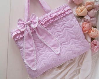 shabby chic tote bag- pink quilted - ruffle