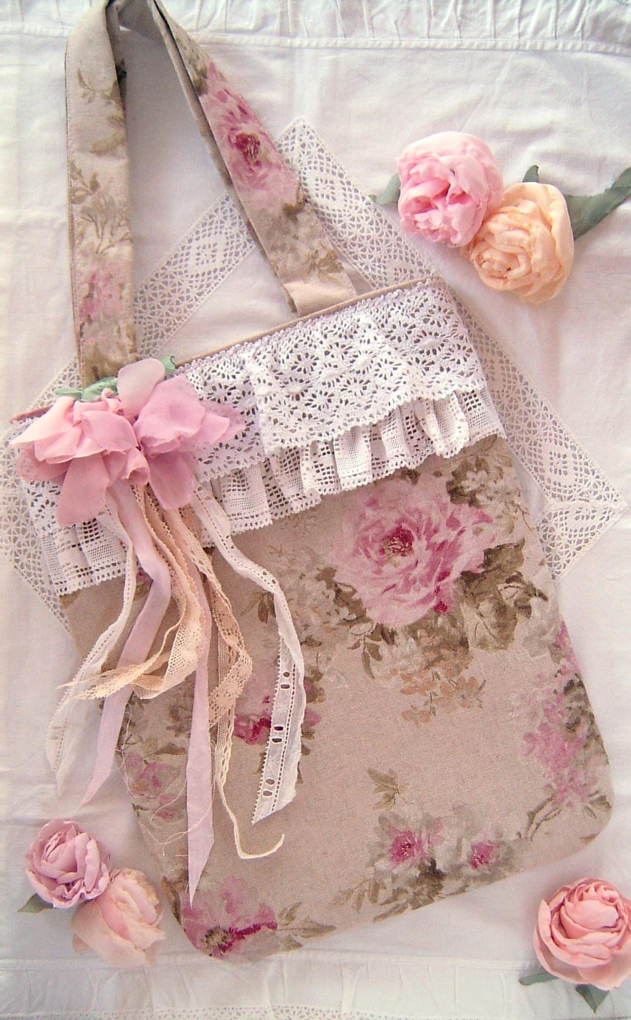 Shabby Chic Pink Roses Tote Bag With Beautiful Vintage Lace and Rose - Etsy