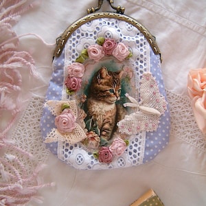 Shabby cat purse Shabby bag Shabby rose wallet Shabby vintage purse shabby chic bag Shabby handmade purse