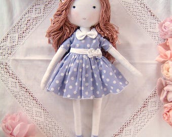 Handmade rag doll - polka dot dress - brown hair