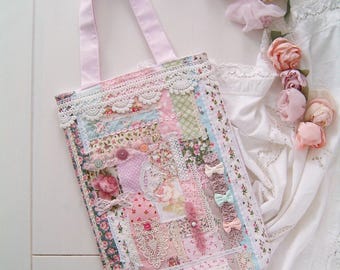 shabby chic tote bag- pink quilted - vintage lace