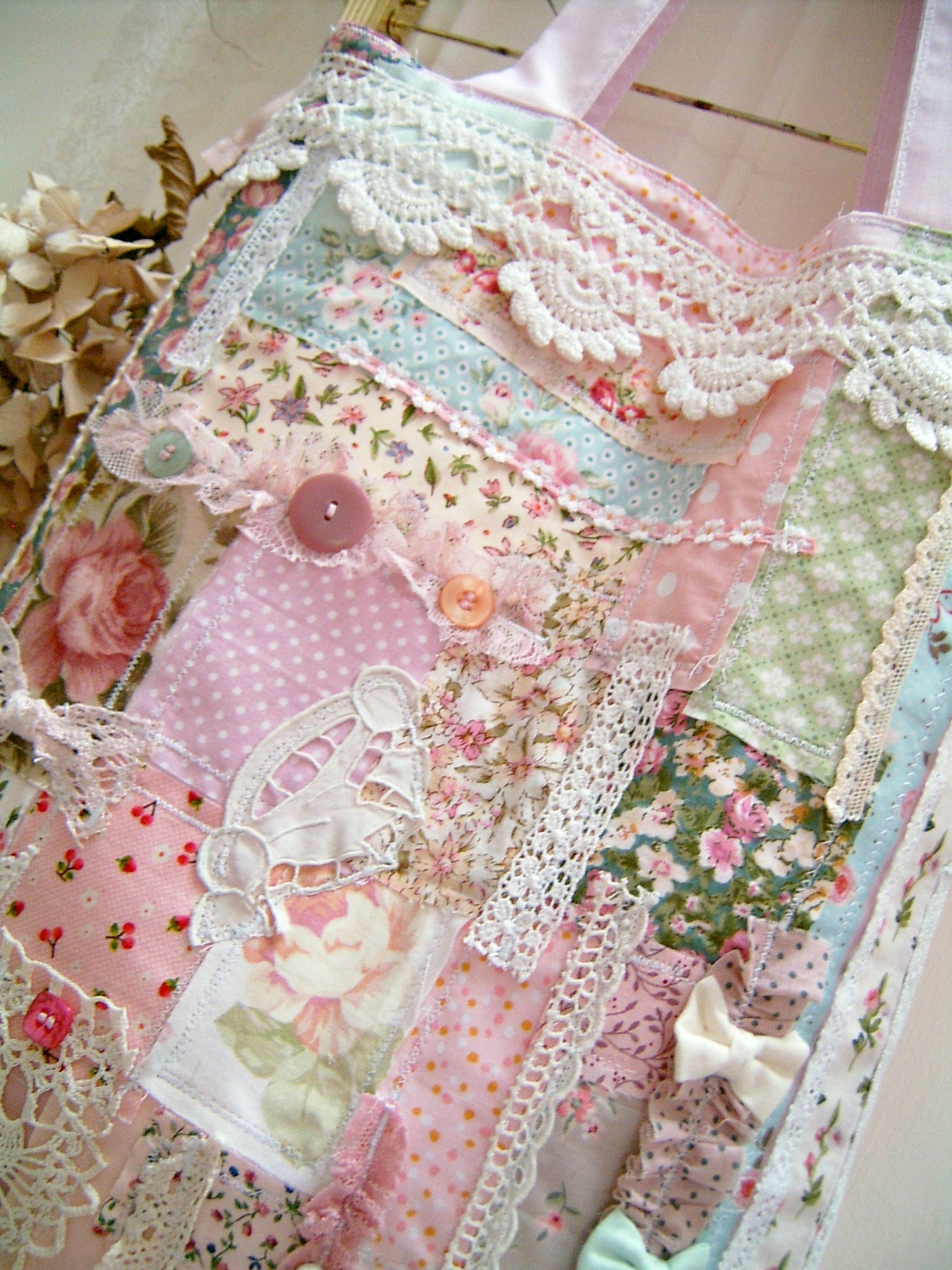 Shabby Chic Pink Quilted Tote Bag With Beautiful Lace Shabby Etsy