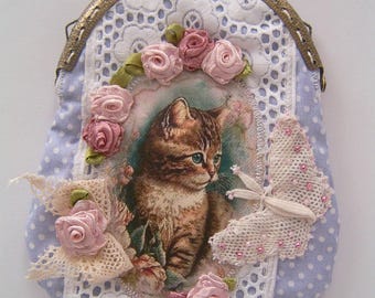shabby chic cat coin purse - polka dot - romanric rose