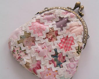 shabby chic coin purse - pink parchwork - romantic style