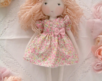 Handmade rag doll - blonde hair - pastel floral dress