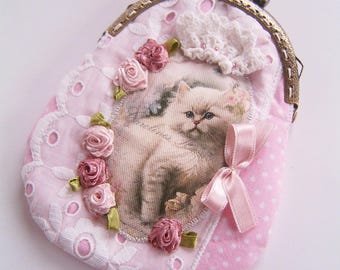 shabby chic cat coin purse - pink polka dot - vintage lace