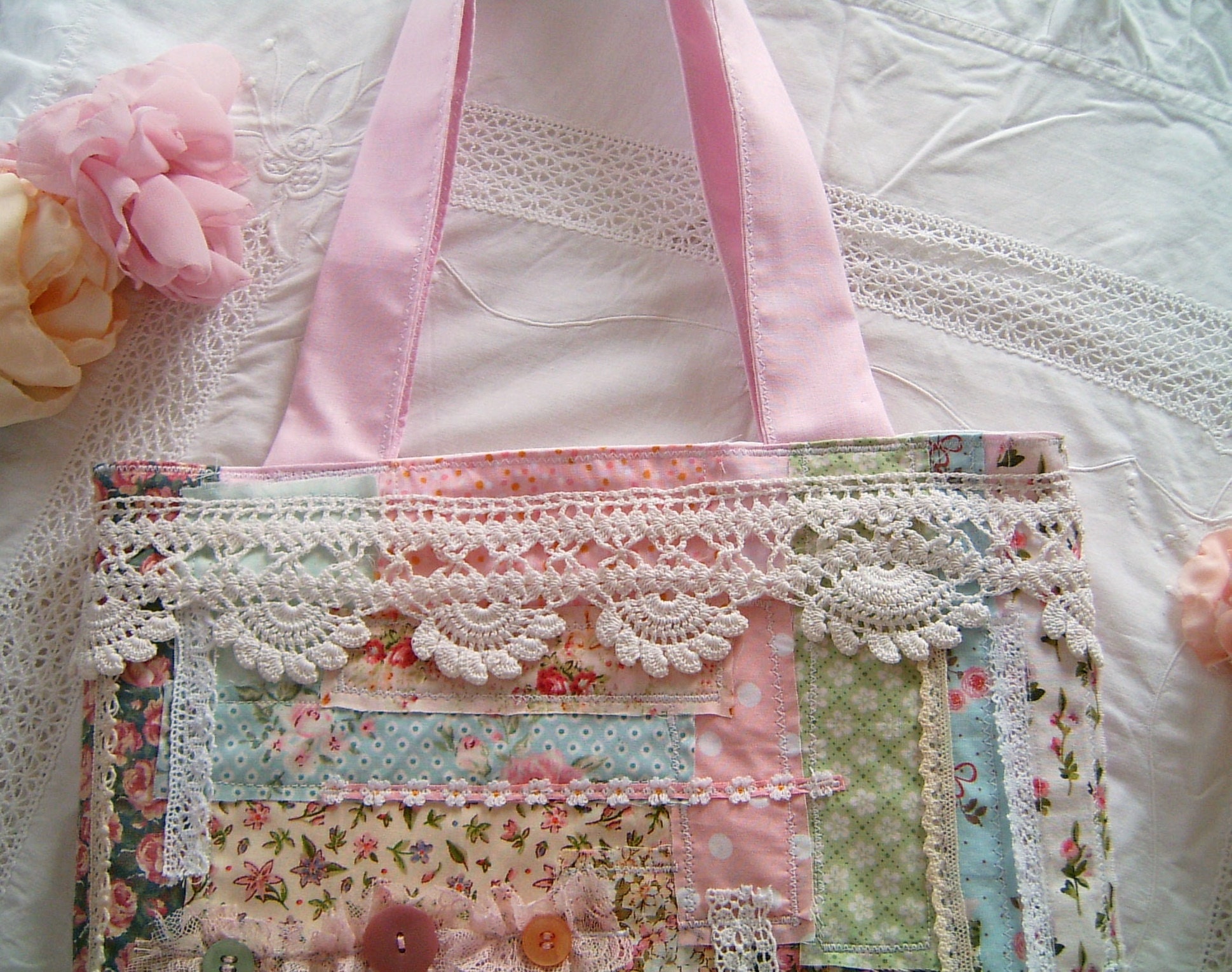 Shabby Chic Pink Quilted Tote Bag With Beautiful Lace Shabby Etsy