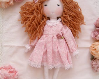 Brown hair Handmade doll with pastel pink floral dress