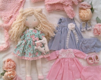 Waldorf doll - blonde rag doll - pink romantic clothing set