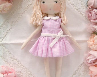Handmade rag doll - pink dress - blonde hair