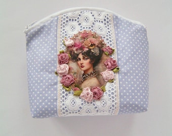 shabby chic makeup bag- polka dot - vintage rose