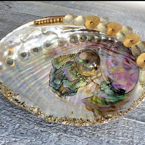May include: An iridescent abalone shell with gold and clear embellishments. The shell features a large, oval shape with a pearlescent sheen, accented by gold-colored discs and clear, rounded stones along the edge. A clear glass sphere sits in the center.
