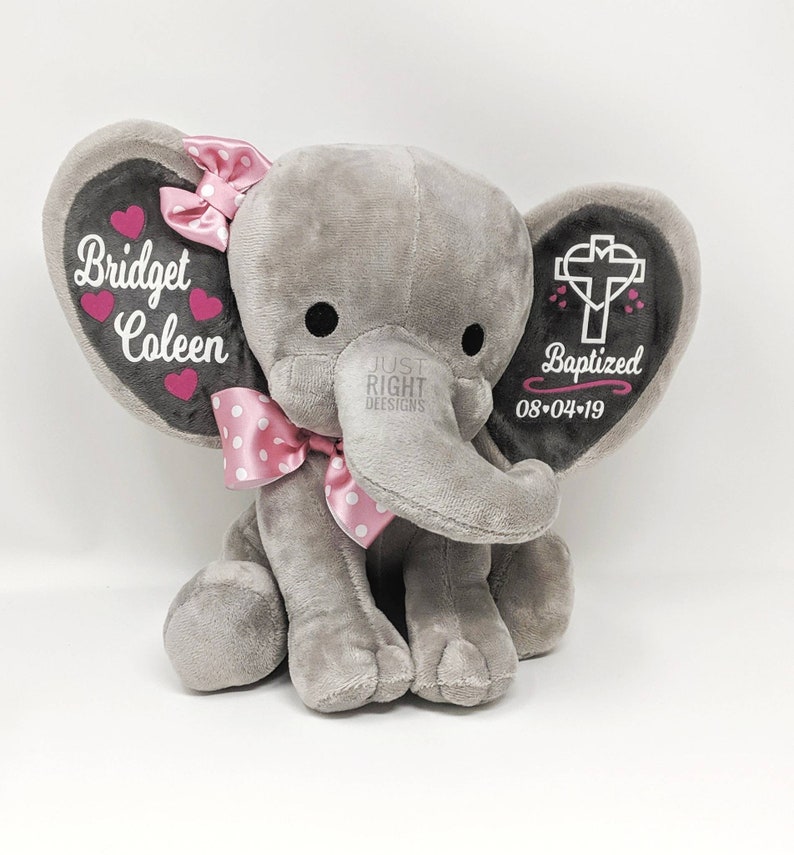 Personalized Birth Announcement Grey Elephant Stuffed Animal Plush Baptism