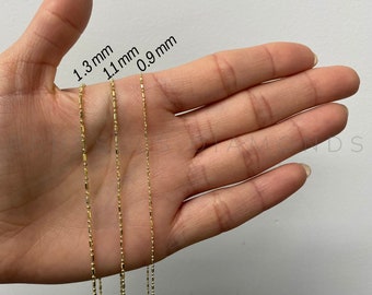 14K SOLID Yellow Gold Bar And Bead Chain Necklace, 16" 18" 20", 0.9MM, 1.1MM 1.3MM Thick, Real Gold Chain, Thin Gold Chain, Women