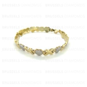 10K Real Two Tone Gold Hearts and Kisses Bracelet, X And Hearts Bracelet, Real Gold Bracelet, Yellow And White Gold Bracelet, Women