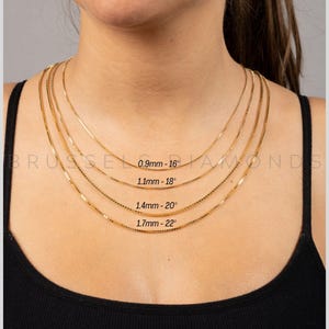 14K Solid Yellow Gold Box Chain Necklace, 0.9MM 1.1MM 1.4MM 1.7MM Thick, 16&quot; - 30&quot; Inch, Real Gold Chain, Thin Gold Chain, Women