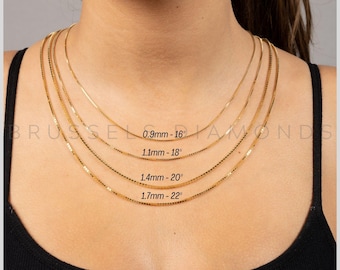 14K Solid Yellow Gold Box Chain Necklace, 0.9MM 1.1MM 1.4MM 1.7MM Thick, 16&quot; - 30&quot; Inch, Real Gold Chain, Thin Gold Chain, Women
