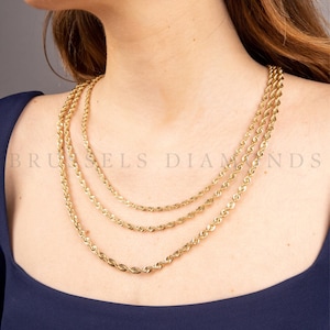 10K Real Yellow Gold Chain Rope Chain Necklace, 3.2MM 4MM 5MM Thick, 16Inch 18In 20&quot; 22&quot; 24&quot; Inch, Real Gold Chain, Diamond Cut Chain, Women