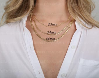 10K Yellow Gold Mariner Link Chain Necklace, 2.3MM 3.4MM 5.5MM Thick, 16&quot; 18&quot; 20&quot; 22&quot; 24&quot; 26&quot;, Real Gold Necklace, Flat Mariner Chain, Women