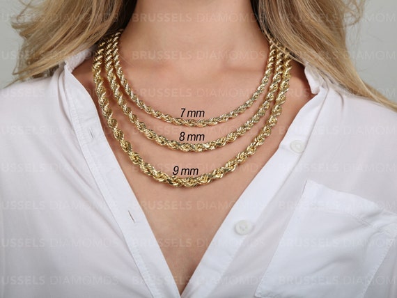 10K Yellow Gold Rope Necklace Chain, 7MM 8MM 9MM Thick, 18 20 22